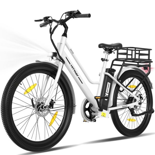 HITWAY 27,5″ Elektrofahrrad – 250-W-Motor – Herausnehmbarer 36-V-13-Ah-Lithium-Akku – App-Steuerung – Weiß + HITWAY Gepäckkorb