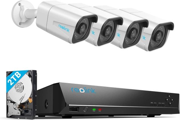 Reolink 8-Kanal 4K-Überwachungskamera-Set für den Außenbereich, bestehend aus 4 x 8 MP PoE-IP-Kameras, 2 TB Festplatte, NVR, für 24/7-Videoaufzeichnung im Innen- und Außenbereich, Personen- und Fahrzeugerkennung, IP66, RLK8-800B4-A