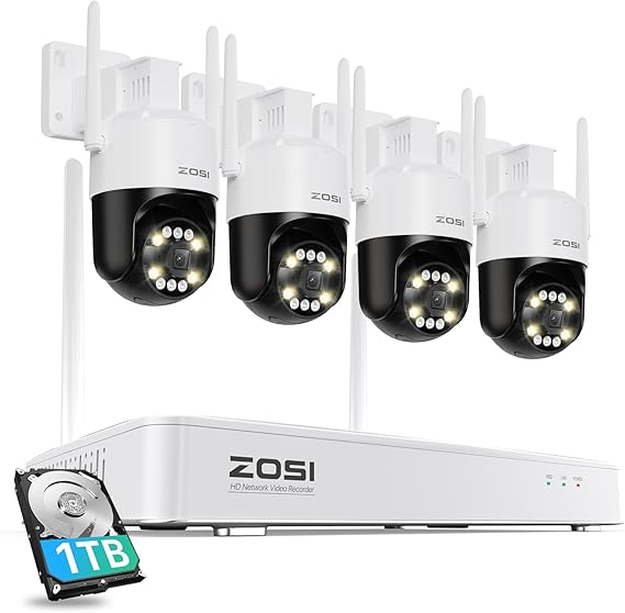 ZOSI 4K WiFi 6 Outdoor Surveillance Camera Set, 8MP NVR with 1TB Hard Drive, 4 x 360° WiFi Cameras with Person and Vehicle Detection, Color Night Vision, C296B