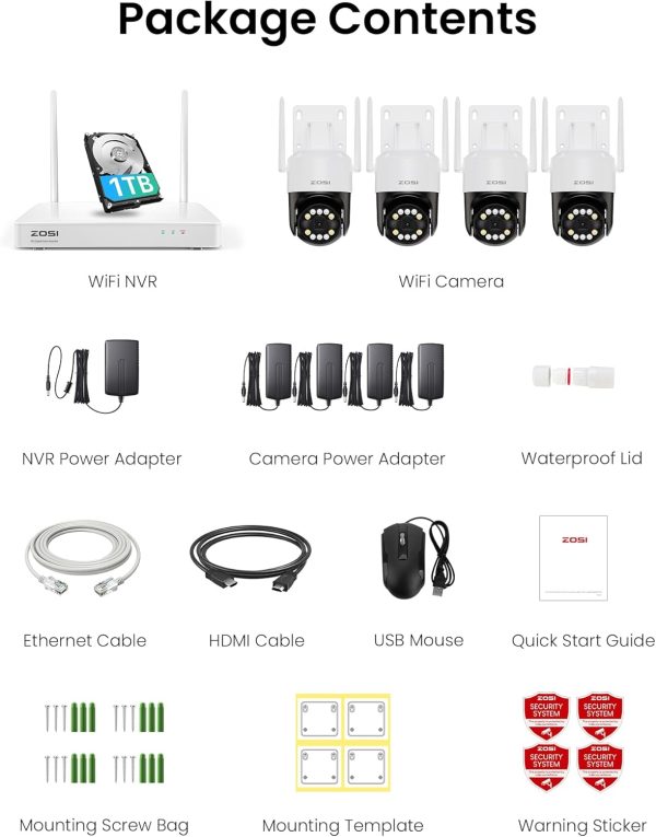 ZOSI 4K WiFi 6 Outdoor Surveillance Camera Set, 8MP NVR with 1TB Hard Drive, 4 x 360° WiFi Cameras with Person and Vehicle Detection, Color Night Vision, C296B – Image 4